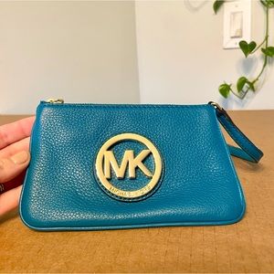 Michael Kors Blue Leather Pouch Wrislet Small Purse with Gold Hardware MK